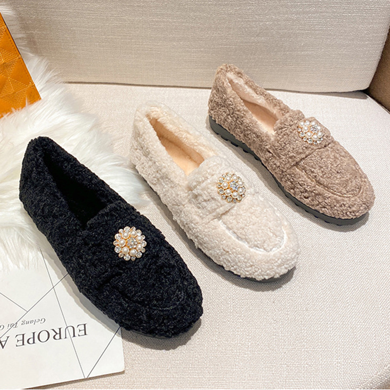 2023 Lambswool Moccasins women warm plush winter shoes woman espadrilles comfy fleeces loafers crystal pearl fur flats plus size