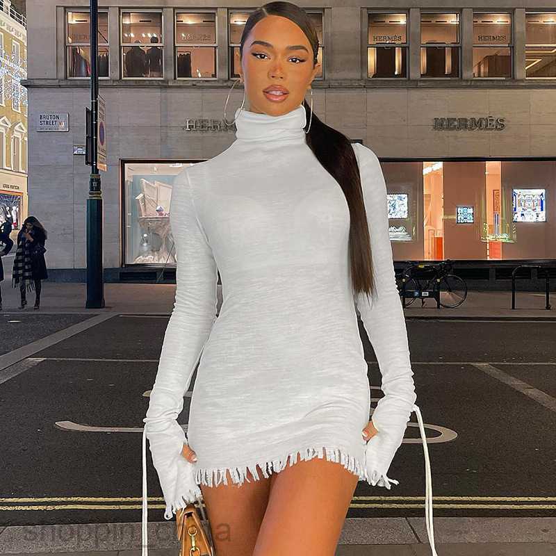 Basic Casual Dresses Spring New Fashion High Neck Slim Fit Long Sleeve Street Style Sexy Fragmented Edge Short Dress for Women Shirt Dress