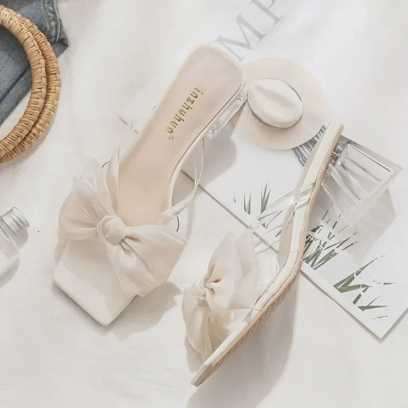 Pink Sandal Slippers Women Shoes 2024 Summer Square Open Toe Bow Fashion Female Slipper Chunky Heel Outside Wear Slides Shoes 240613