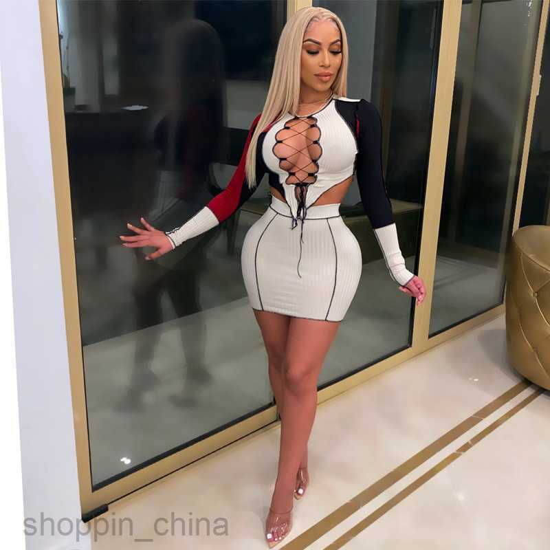 Two Piece Dress Sets Spring Top Selling New Chest Lace up Hollow Contrast Color T-shirt Short Skirt Reverse Side Set for Women