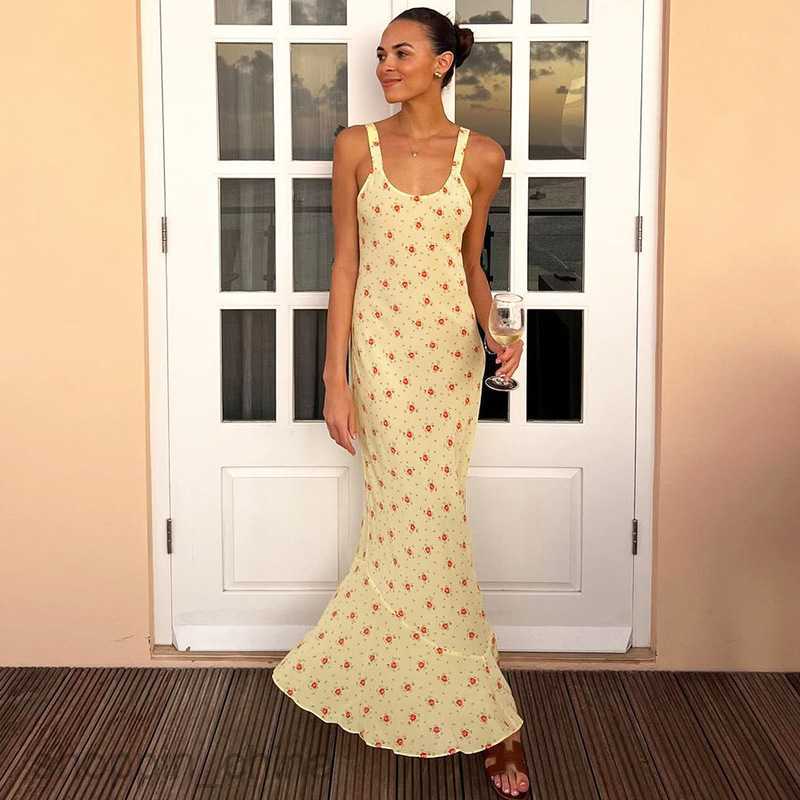 Basic Casual Women Dresses floral long fishtail skirt summer new print fashion trend suspender dress