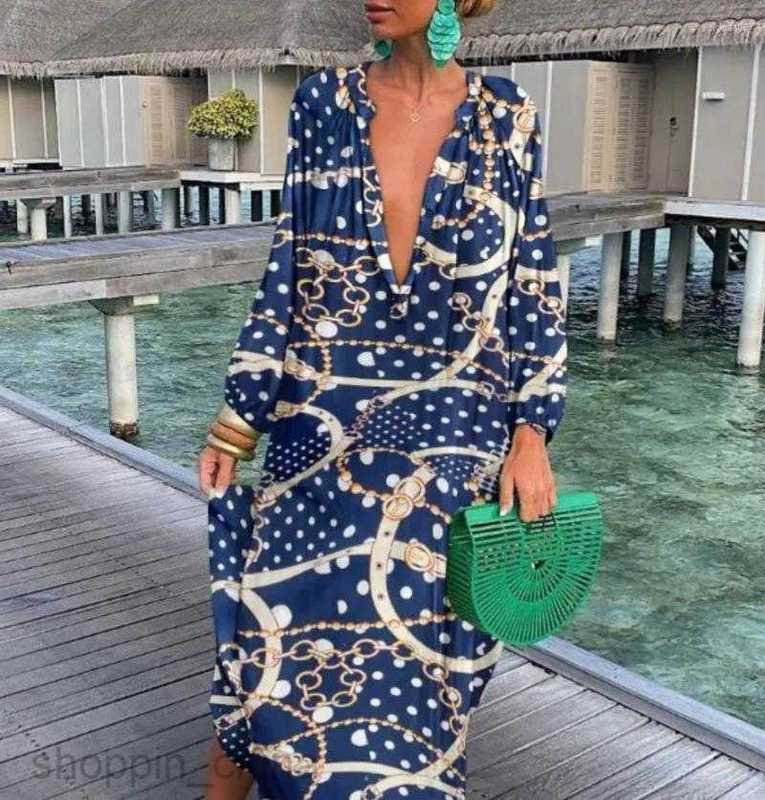 Casual Dresses Women Print Loose Beach Elegant Retro Harajuku V-Neck Maxi Dress Sexy Long Sleeve Oversized S02