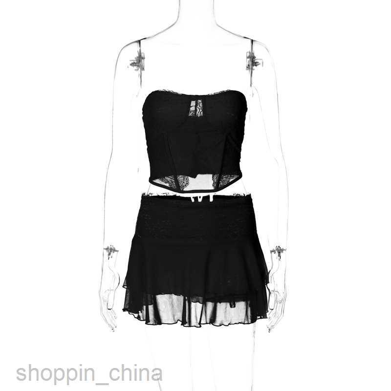 Two Piece Dress Sets Explosive new women's wear sexy collage lace perspective chest wrap super short double-layer pure desire short skirt suit (w