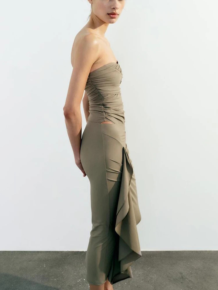 TRAFZA Womens Summer Strapless Bodysuit Ruffle Half Skirt Set Backless Sexy Tight Bodysuit Ruched Stretch Two Piece Suit 240601