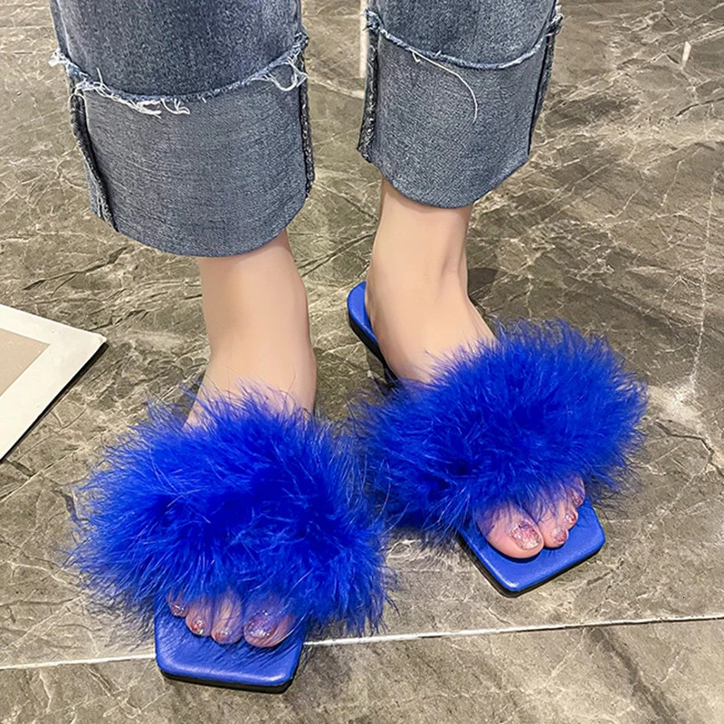 Lucyever Blue Summer Flat Fur Slipper Women Soft Bottom Non Slip Slides Shoes Woman Fashion Square Toe Fluffy Slippers 240612
