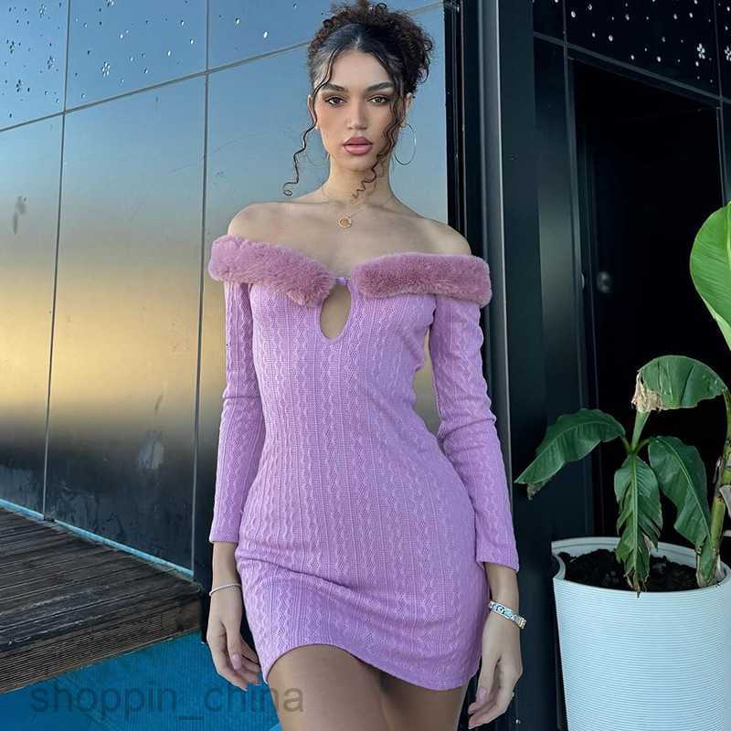 Basic Casual Dresses sexy one line shoulder fur collar long sleeved temperament close fitting short buttocks wrapped dress for women clothing Shirt Dr