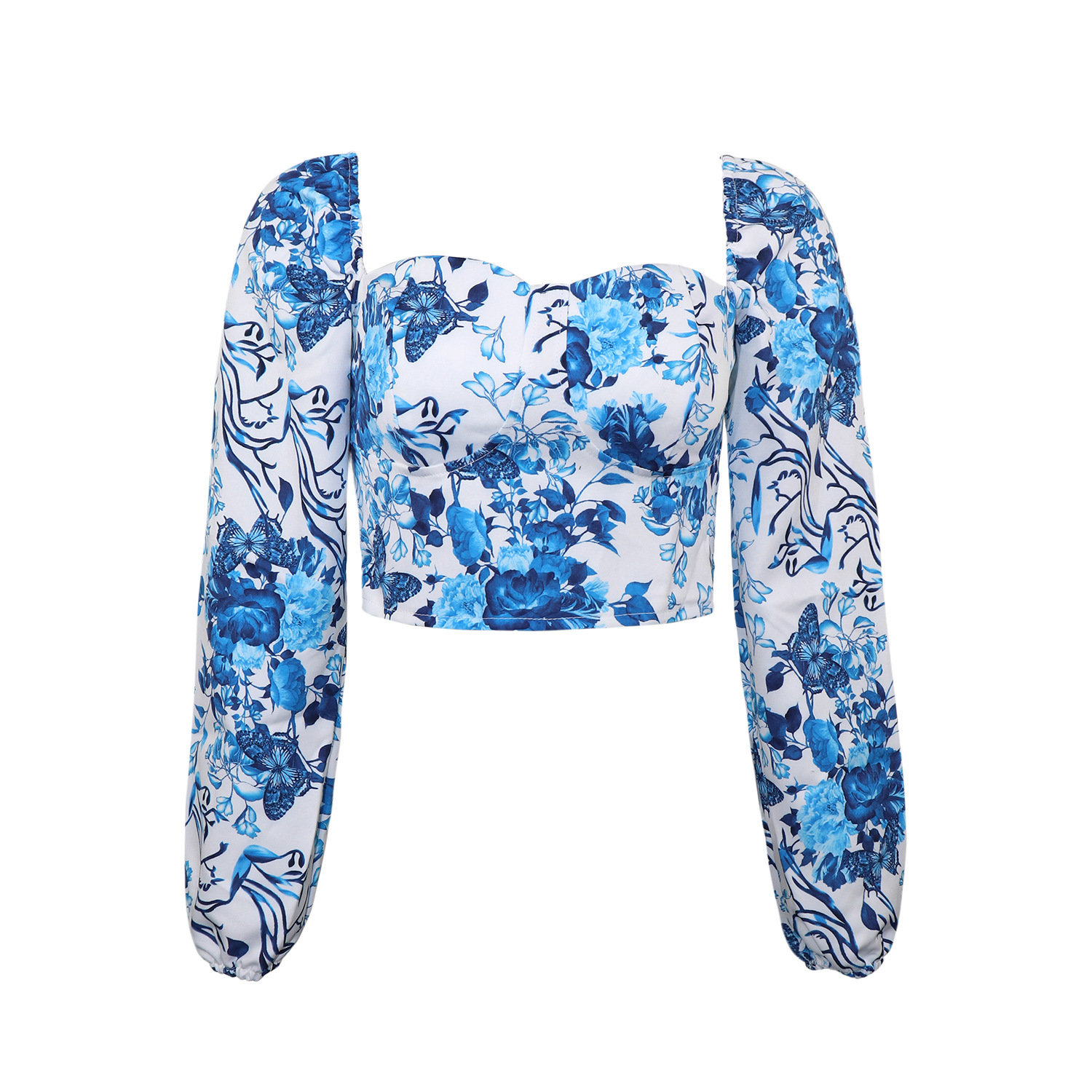 2024 autumn Chinese style blue and white square collar long-sleeved top sexy short shirt womens top women clothing