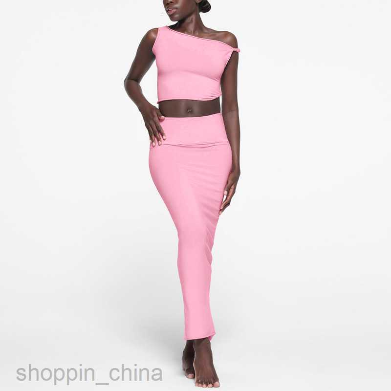 Two Piece Dress Sets Feng Summer New Women's Solid Color Sleeveless Tank Top Wrapped Hip Long Dress Two Piece Fashion Set for Women