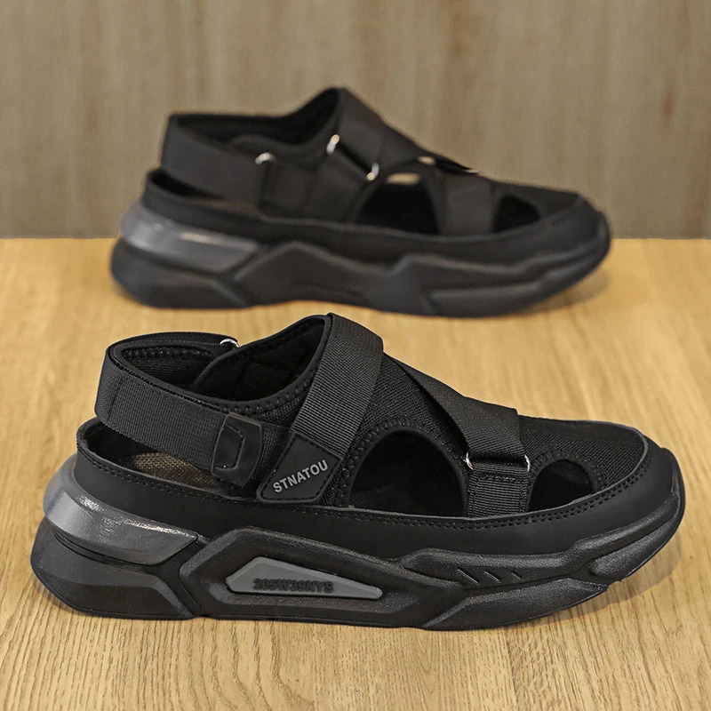 Hollow Slippers Mens 2024 Summer Baotou Slippers Male Shoes Casual Lace Up Canvas Sports Color-block Sandal For Outside 240612