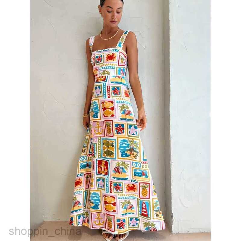 Women Dress Designer New Sexy Suspender Graffiti Cotton And Linen Printed Large Hem Dresses 6 Colours G05