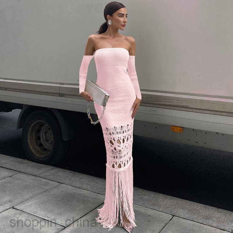 Basic Casual Women Dresses Feng Spring New Woolen Weaving Style Slim Tassel Long Dress Long sleeved Shoulder Wrapped Chest Dress