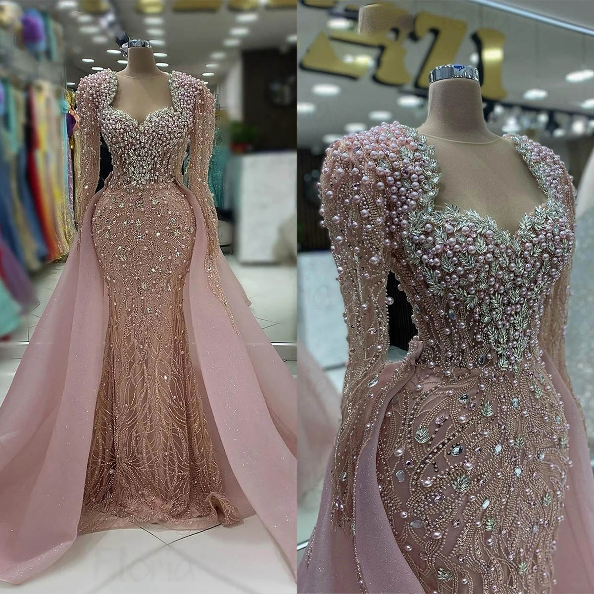 Luxury Evening Dresses Pearl Crystal Prom Gowns with Overskirt Beading Long Sleeve Custom Made Party Dresses Vestidos de noche