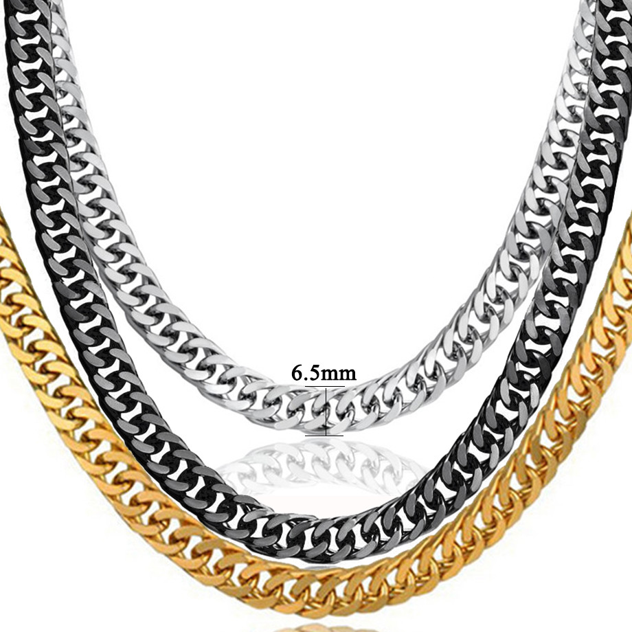 Men's 6.5mm Stainless Steel Black Silver Color Miami Cuban Link Necklace Long Women Bling Hip hop Jewelry Gold Chain 28"