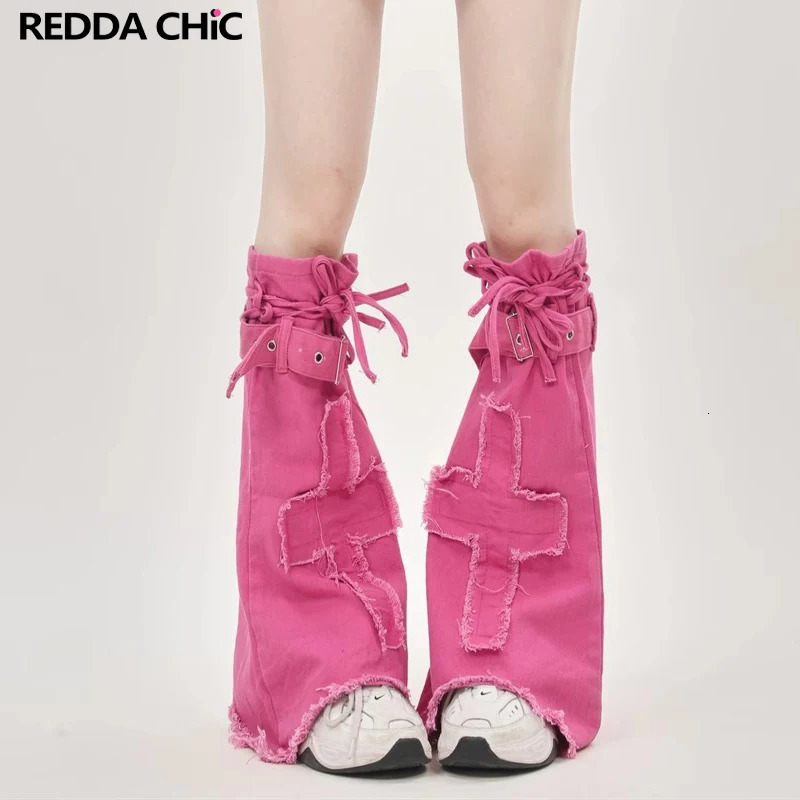 REDDACHiC Barbiecore Pink Denim Leg Warmers Women Frayed Boots Cover Cross Patched Bandage Knee-Long Socks Y2k Dopamine Clothing 240613