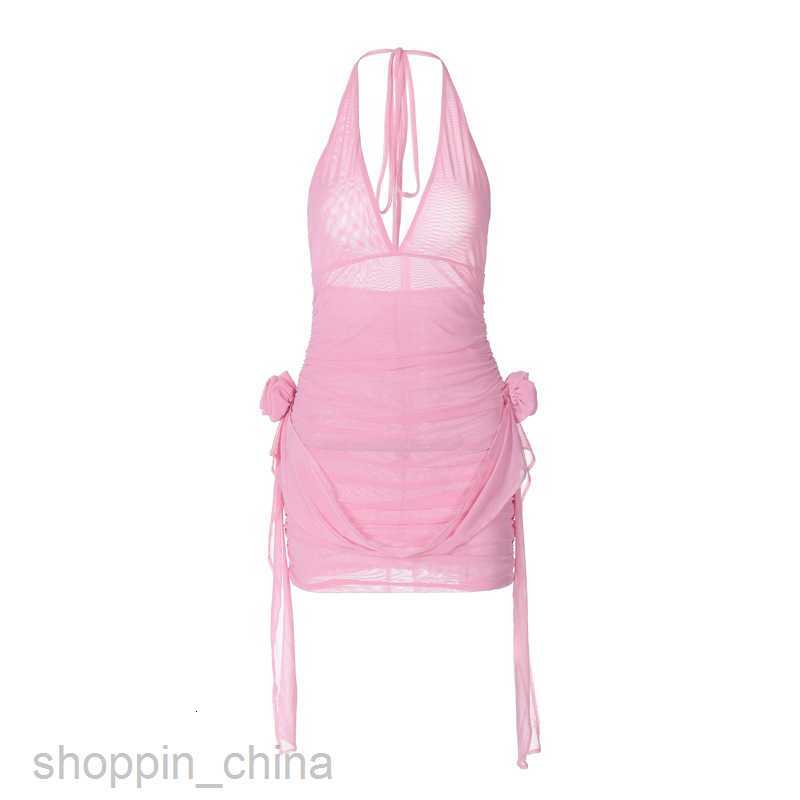 Basic Casual Dresses new sexy deep V wrapped chest backless hanging neck patchwork flower ribbon short dress