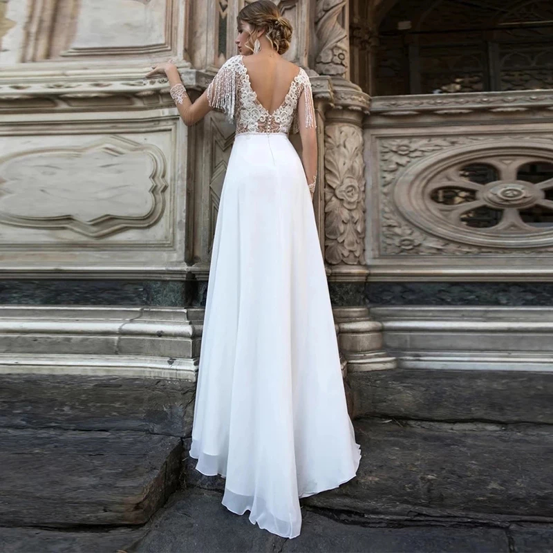 Simple High Slit Beach V-Neck Wedding Dresses White Lace Appliques Sexy Backless Chiffon Bride Gowns Button Back A-Line Long Boho Vestido De Novia 202