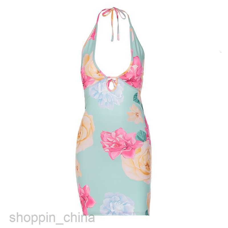 Basic Casual Dresses Women's Summer New Lace up Neck Hanging Sexy Backless Print Wrapped Hip Dress for Women