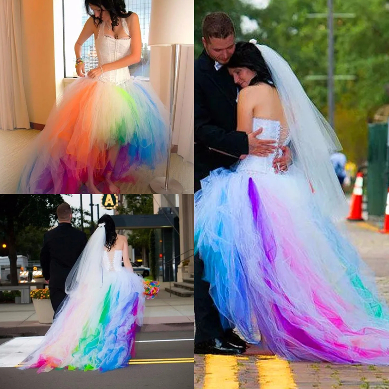 Rainbow High Low A-Line Wedding Dresses Halter Corset Boho Beach Wedding Gowns Colorful Tulle Country Bridal Dress 2024 Summer