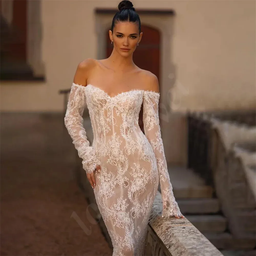 Sexy Backless Lace Mermaid Wedding Dresses Off The Shoulder Long Sleeves Bridal Gowns Illusion Champagne Ing Charming Bride Dress 2024 Summer 0914