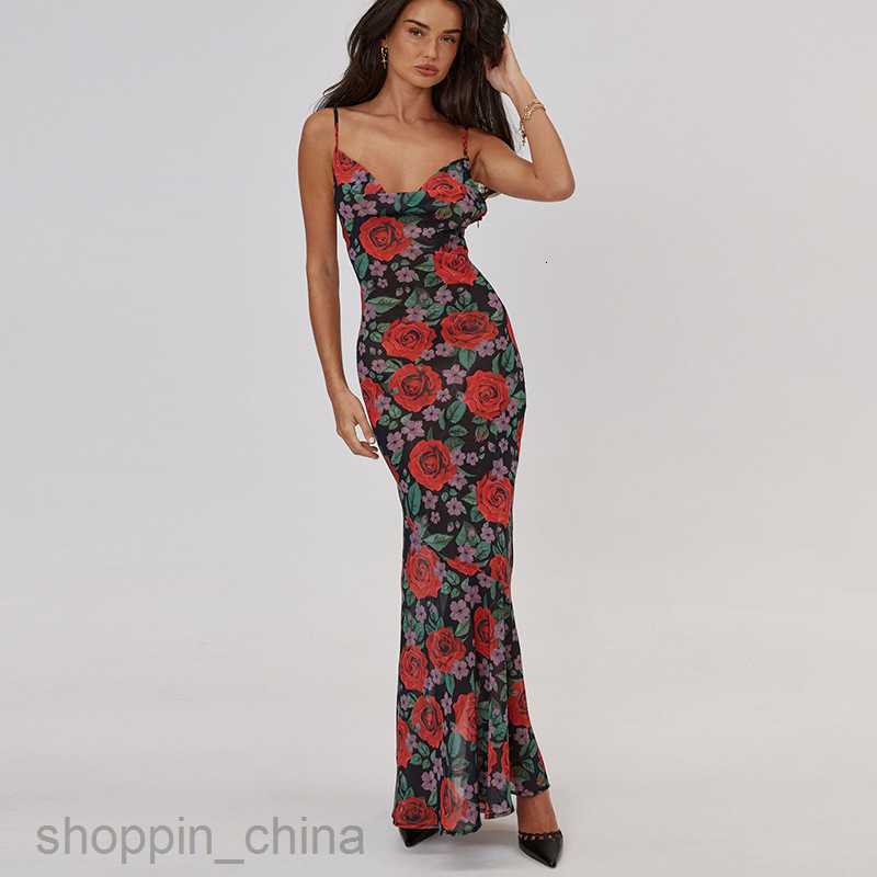Basic Casual Women Dresses Spring Fashion New Sexy V-neck Elegance Versatile Slim Long Printed Strap Dress for Women