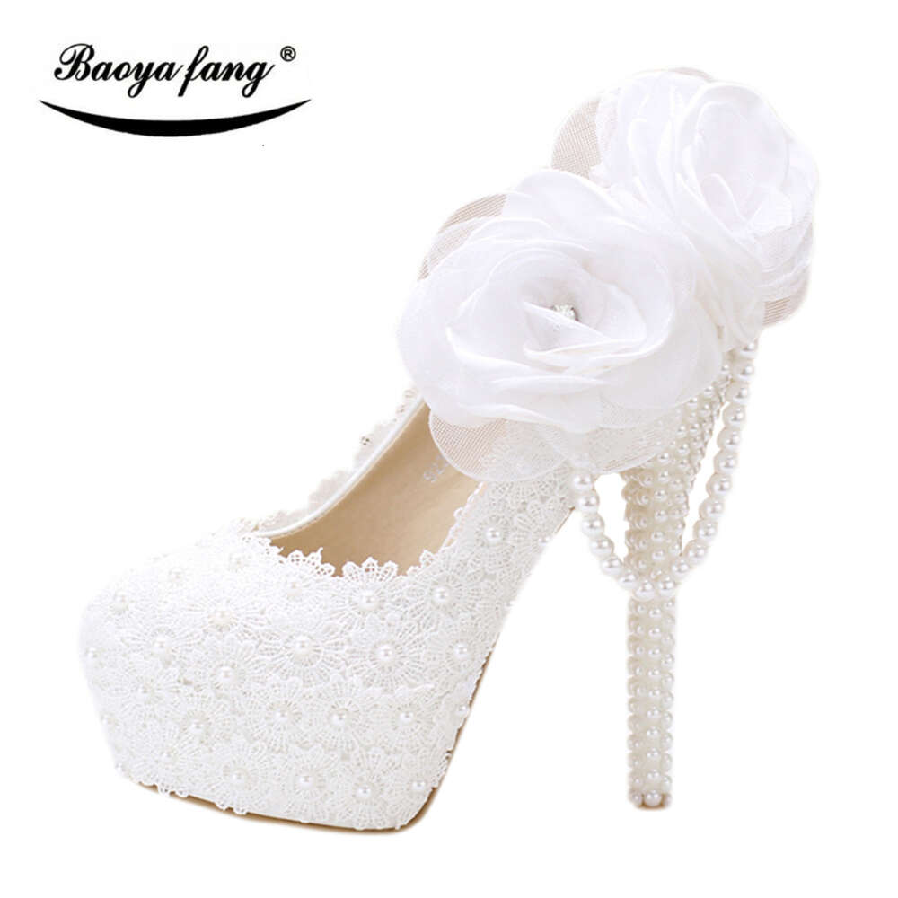 Baoyafang White Flower Women Wedding Bride Party Dress Woman High Heel Platform Shoes Ladies Handmade Lace Shoe