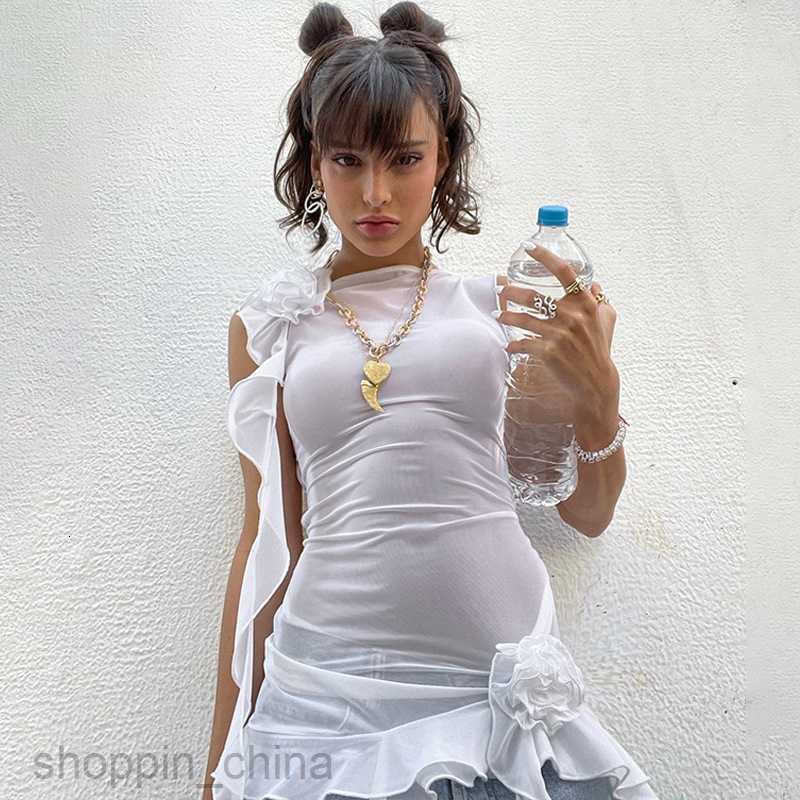 Basic Casual Dresses Style New Women's Perspective Mesh Sexy Open Back Lace up Wooden Ear Side Long T-Shirt