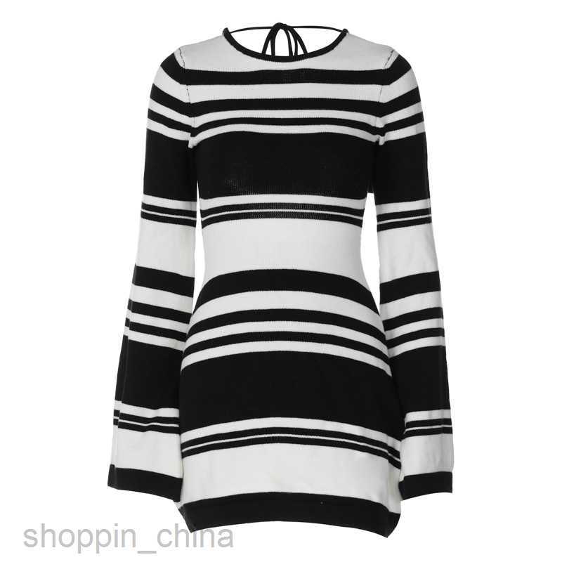 Basic Casual Dresses Knitted sweater striped backless dress winter women's new flared sleeve lace up short skirt