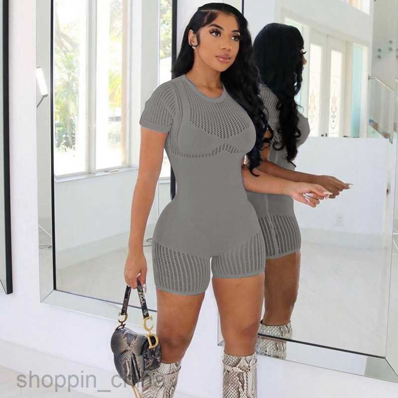Women's Jumpsuits Rompers Feng Summer Women's New Zipper Sexy Hollow Tight Lifting Hip Knitted jumpsuit shorts for women