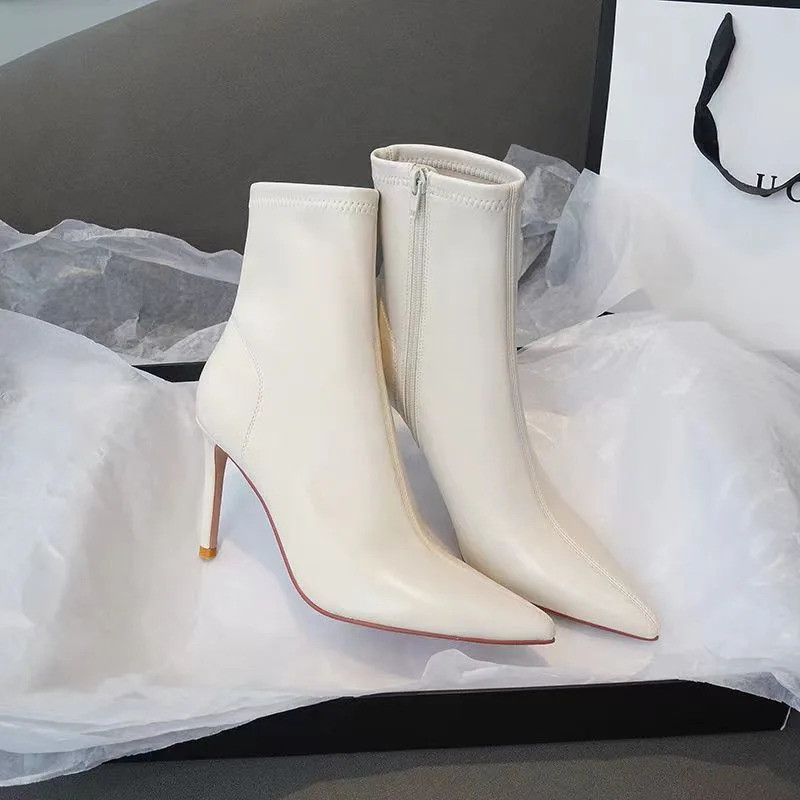 Women Ankle Boot Pointed Toe High-heel Boot Stiletto Heels Leather Boot Fashion Side Zipper Elegant Short Boot Women Shoes 240612