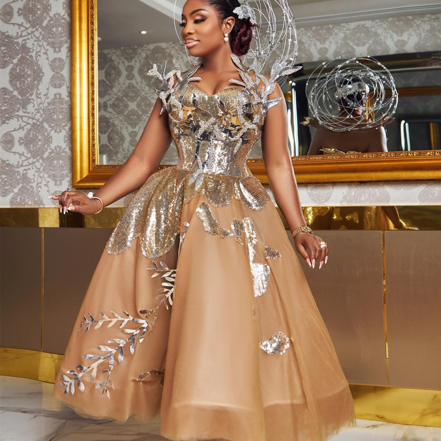 2024 Plus Size Gold Ball Gown Prom Dresses For Special Occasions Florals Tulle Evening Formal Party Second Reception Birthday Engagement Gowns Dress Z