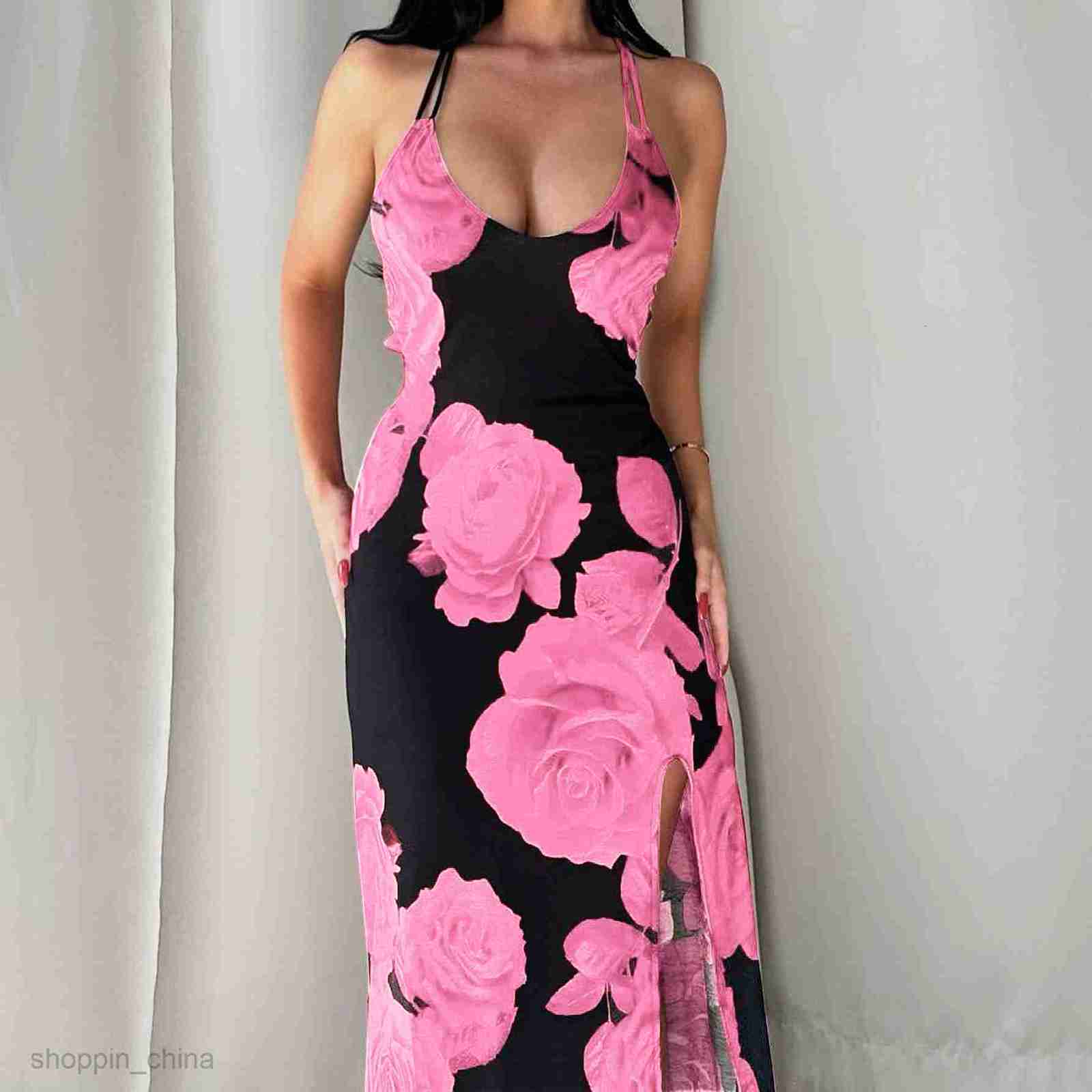 Basic Casual Women Dresses Summer Women's Fashion Printed Long Dress Sexy Split Strap Dress