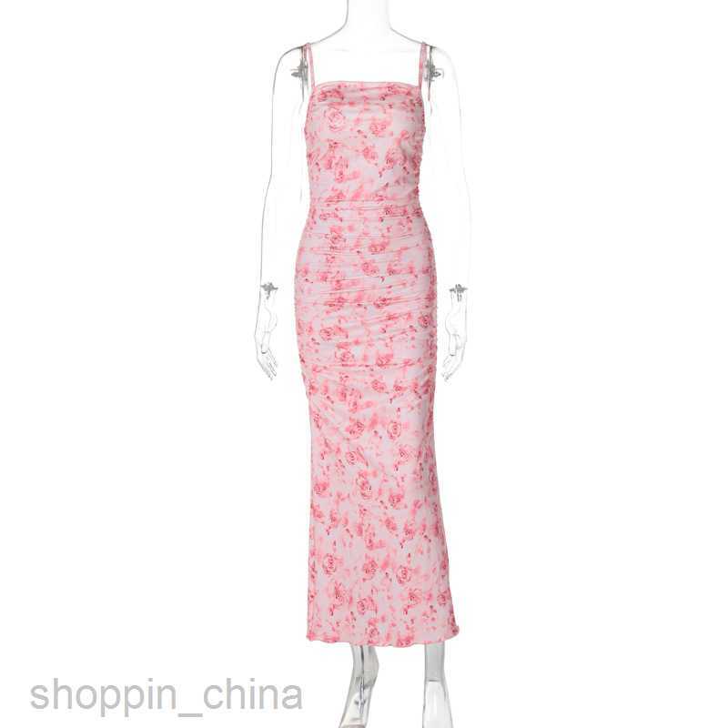 Basic Casual Dresses Summer Women's Sexy Hanging Strap Printed Long Dress Slim Fit Wrapped Hip Dress