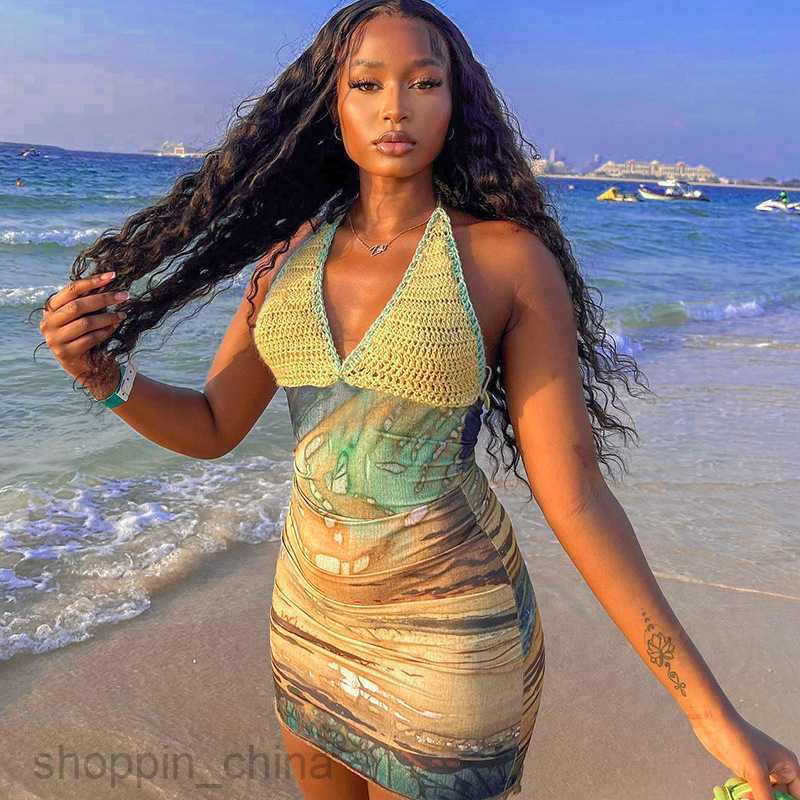 Basic Casual Women Dresses Spring New Sexy Print Spliced Woolen Deep V Hanging Neck Wrapped Hip Dress for Women