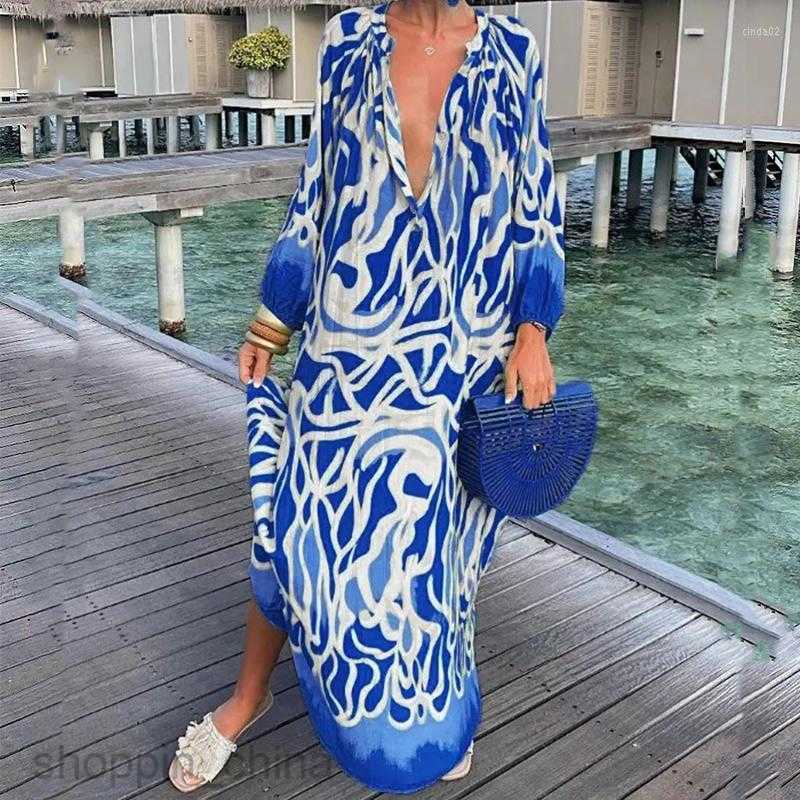 Casual Dresses Women Print Loose Beach Elegant Retro Harajuku V-Neck Maxi Dress Sexy Long Sleeve Oversized S02