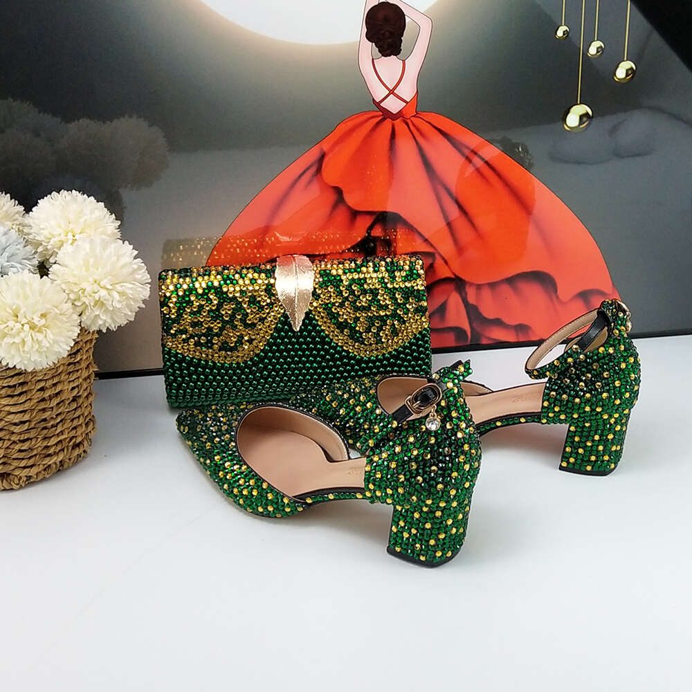 Green Crystal Bridal Wedding And Bag Woman Thin Heel High Pumps Party Evening Shoes Shallow Ankle Strap Buckle Shoe
