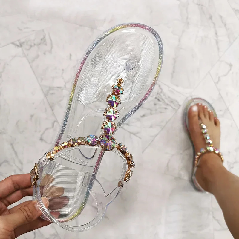 2024 PVC Beach Women Summer Sandal Woman Jelly Shoes Diamond Transparent Flat Outdoor Ladies Sandals Large Size 42 240613