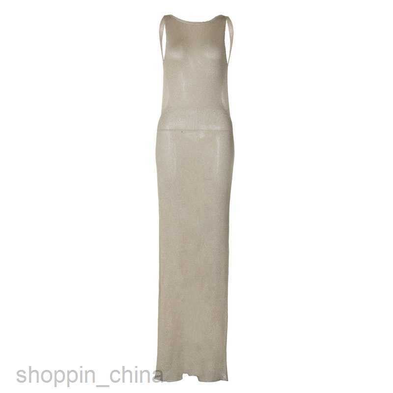 Basic Casual Dresses Summer New Fashion Woven Sexy Open Back Strap Perspective Sister Style Long Split Dress
