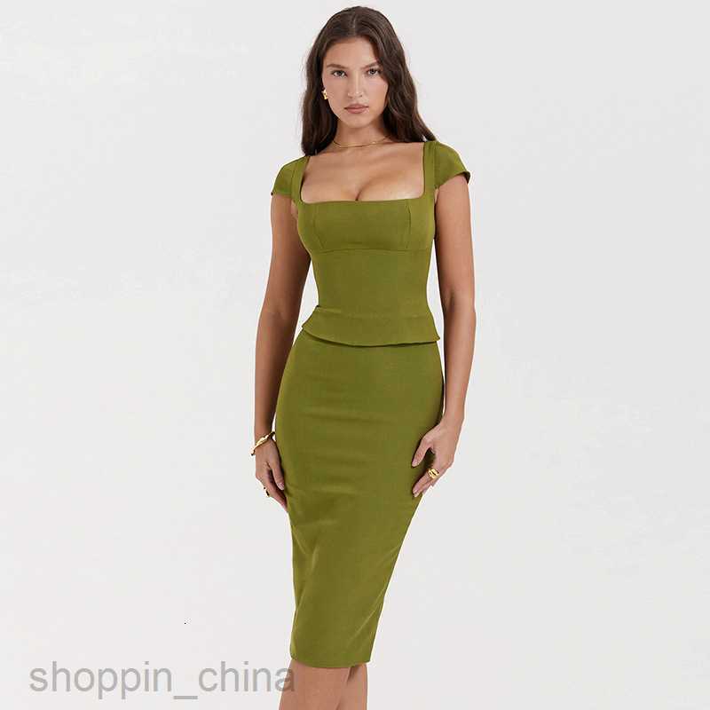 Two Piece Dress Sets Feng Spring New Casual Solid Color Short sleeved Top Close Fit and Hip Wrap Middle Style Skirt Set for Women