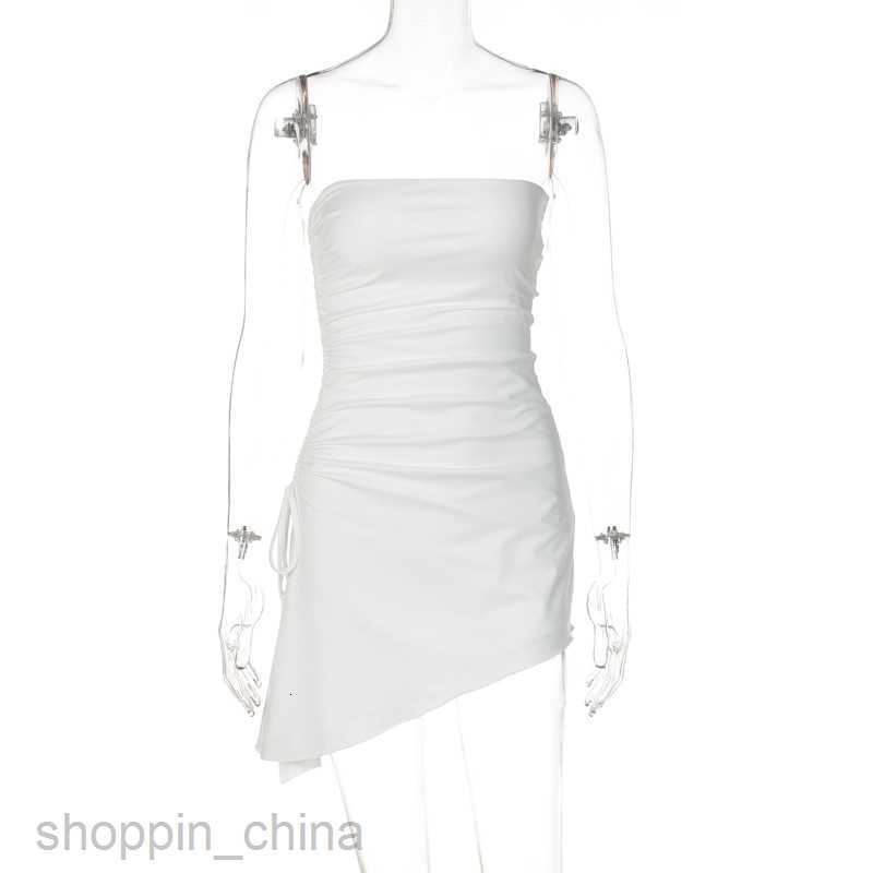 Basic Casual Dresses New women's fashion solid line collar side drawstring Ruffle beveled slit dress women