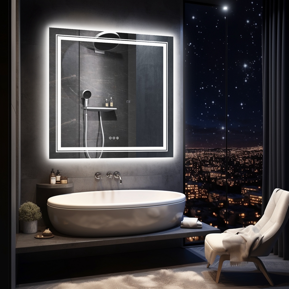 Led Lighted Bathroom Mirror: 900 * 900mm Round Wall Mounted Led Backlit Vanity Mirror with Adjustable 3 Lights Demister Pad oversea warehouse dropship