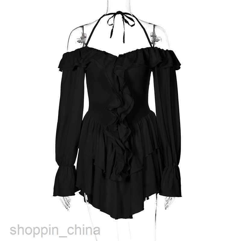 Basic Casual Women Dresses Wind Women's Summer New Sexy Hanging Neck Low cut Ruffled Edge Long sleeved jumpsuit shorts