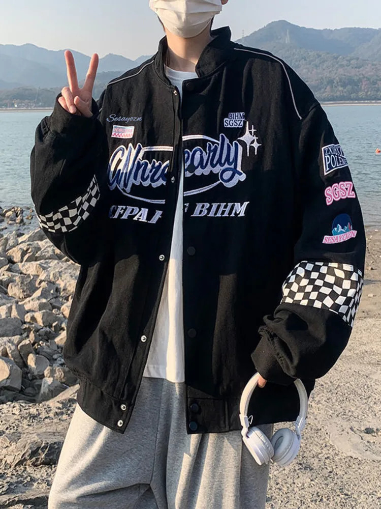 Embroidery Fashion Streetwear Racer Jackets Men Women Y2K HipHop Motorcycle Plaid Vintage Bomber Harajuku Autumn Jackets Coat 240530