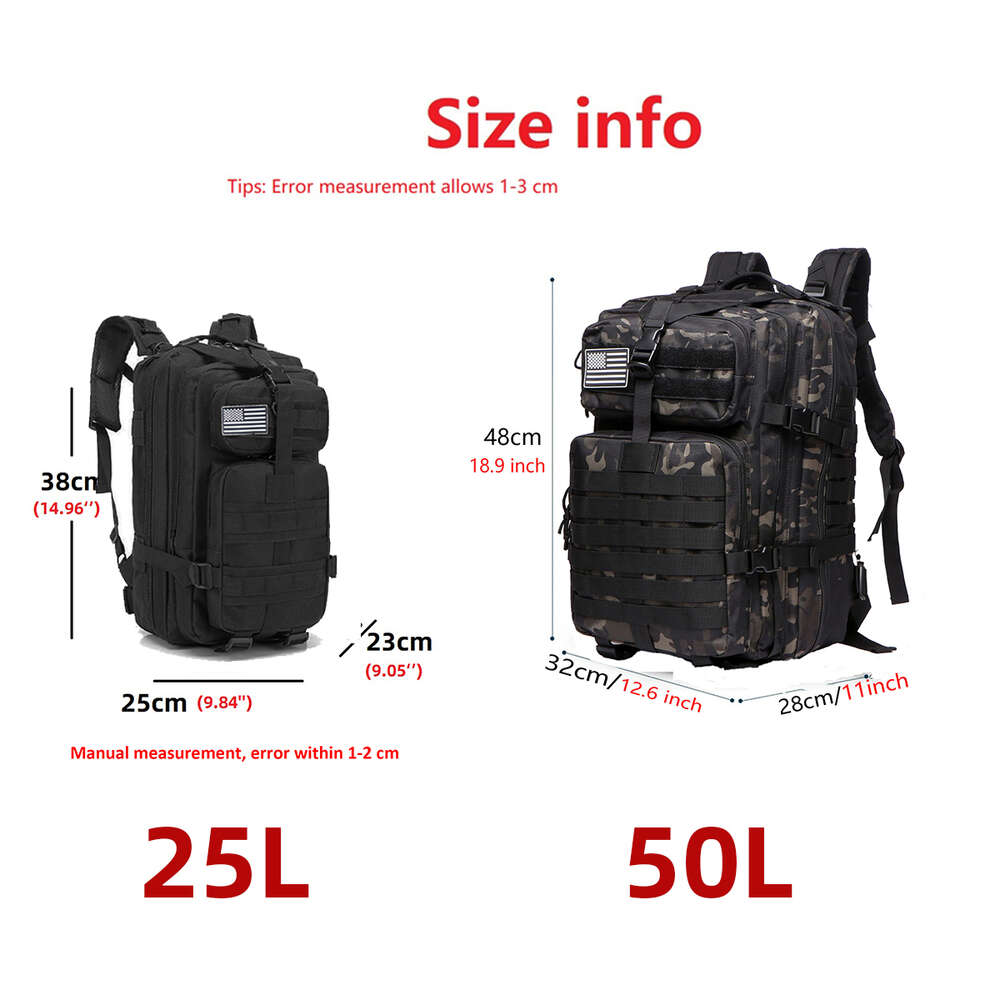 Sturdy 25L/50L Nylon Waterproof Tactical Sports Trekking Fishing Hunting Camping Hiking Bag Backpack Outdoor Rucksacks H6.13#58 ddmythur