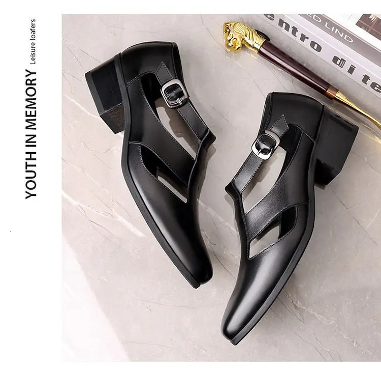 Mens Genuine Leather High Heel Dress Sandals Daily Business Office Work Sandals Trendy Hollow Pointed Toe Buckle Sandals 240612