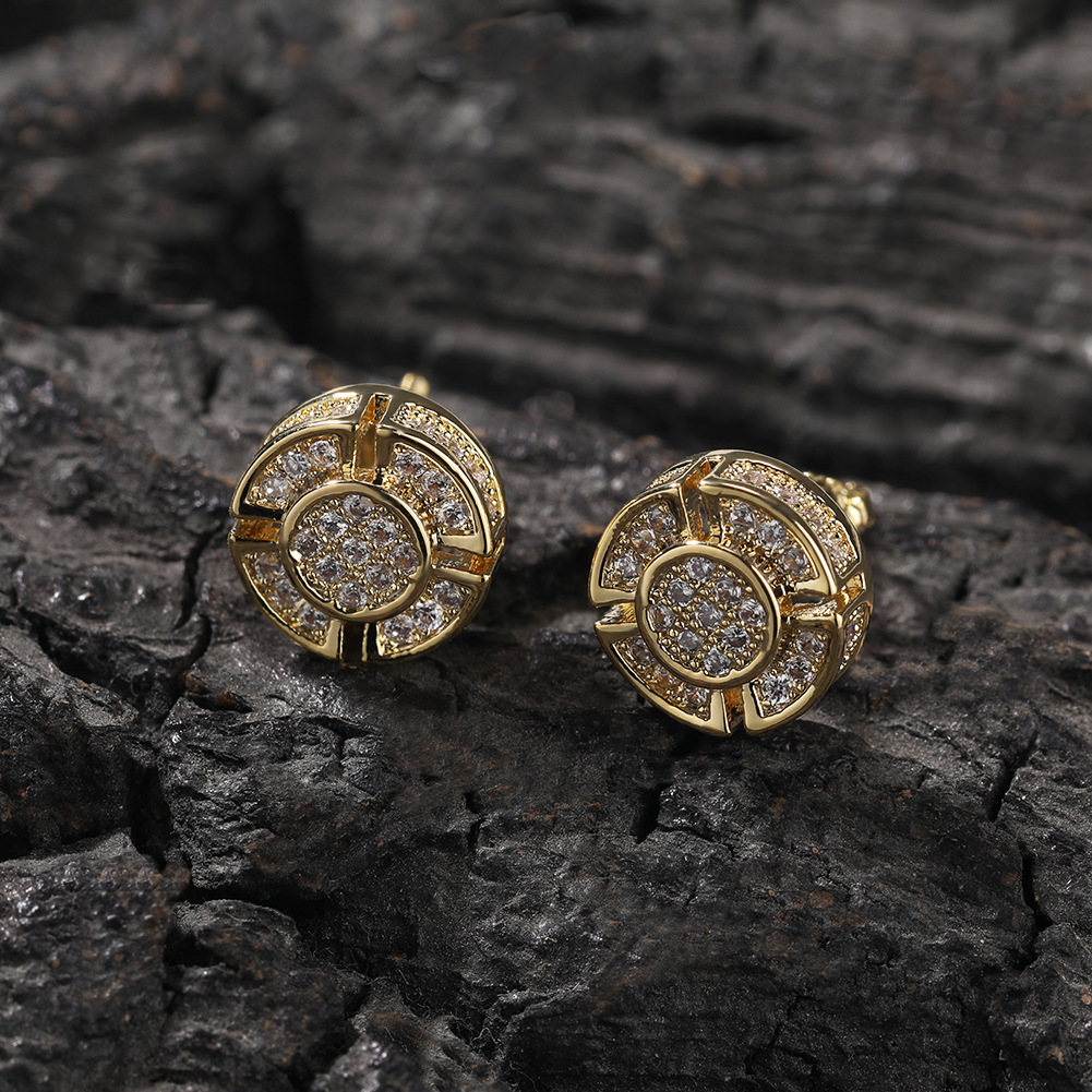 18K Gold Hiphop Cubic Zirconia Round Stud Earrings 7/8/12mm for Men Women Girls Full Diamond Earrings Studs Iced Out CZ Stone Rock Rapper Wolf Tide Je