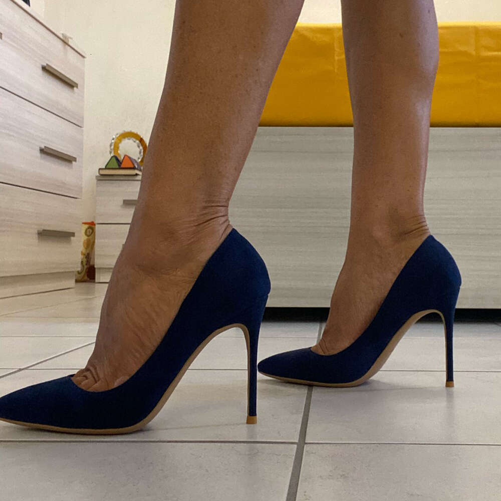 Veowalk Navy Blue Women Synthetic Suede High Heels Pointed Toe Slip On OL Ladies Stiletto Pumps 8 10 12Cm Fashion Wedding Shoes