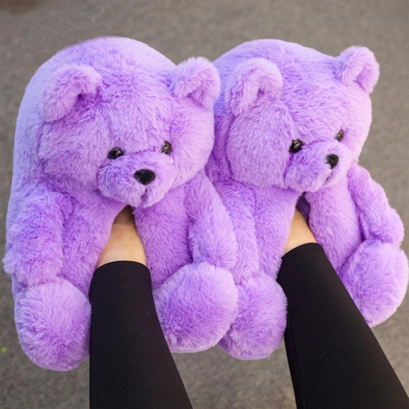 Indoor Designer Shoes Fluffy Bear Shoes For Women Furry Faux Fur Slides Cute Animal Winter Floor Shoes Female Fun Teddy Bear Plush Slippers