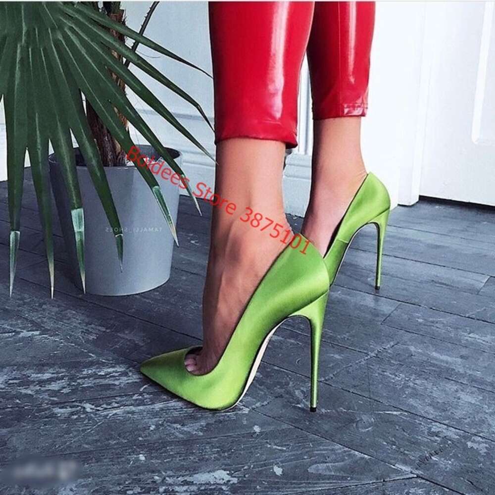 Sexy Silk Satin High Pointed Toe 12Cm Stiletto Heels Shallow Pumps Green Blue Wedding Dress Shoes Big Size 45