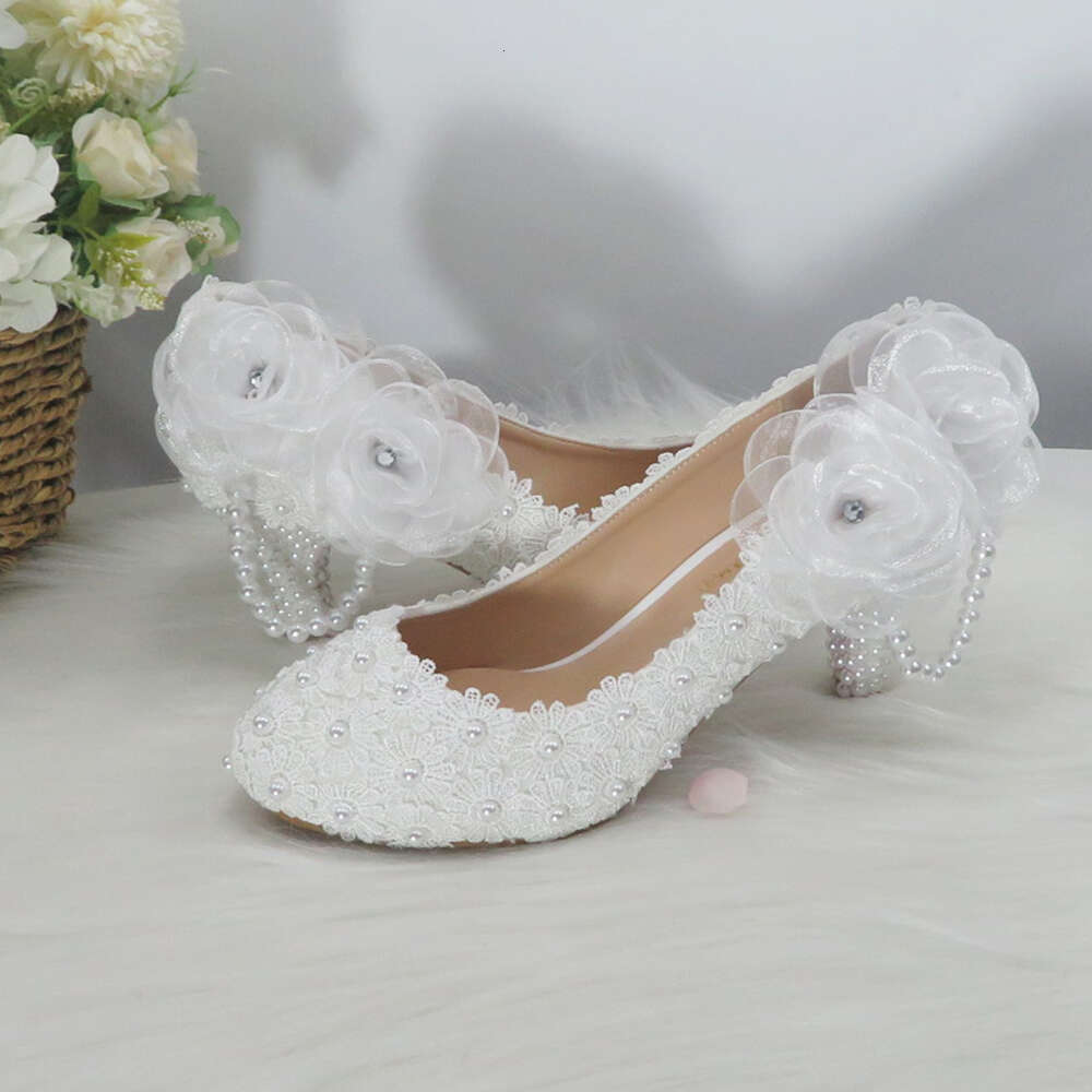 Baoyafang White Flower Women Wedding Bride Party Dress Woman High Heel Platform Shoes Ladies Handmade Lace Shoe