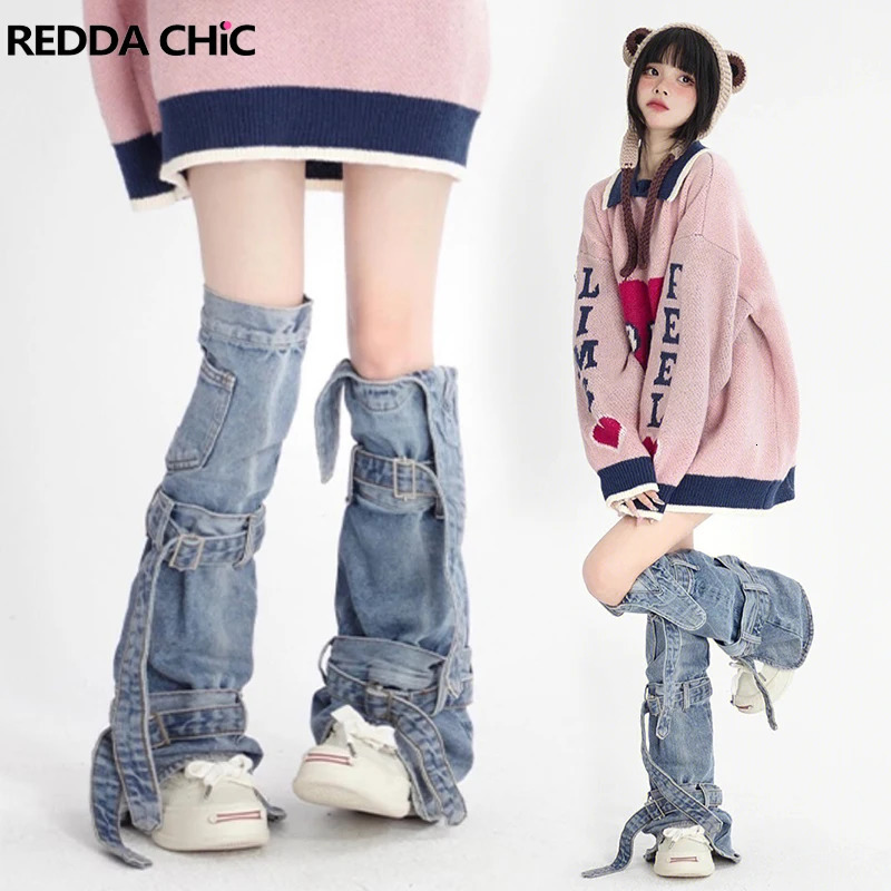 REDDACHiC Acubi Fashion Y2k Leg Warmers Women Streetwear Bandage Denim Boots Cover Long Knee-high Socks Womens Gaiter Japanese 240613